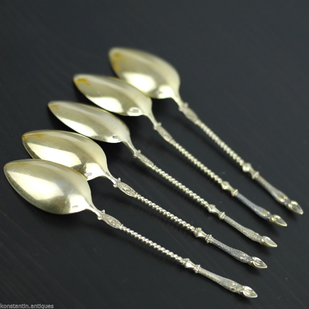 Antique Italian sterling silver spoons set 5 five gilt deer legs handles Italian
