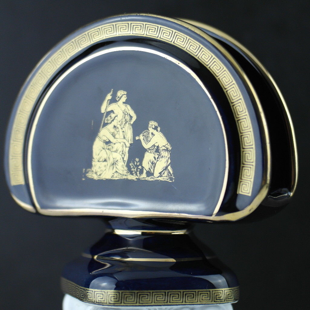 Vintage handmade Greek Royal Blue 24ct Gold plated pottery napkin holder made by Fakiolas, Greece