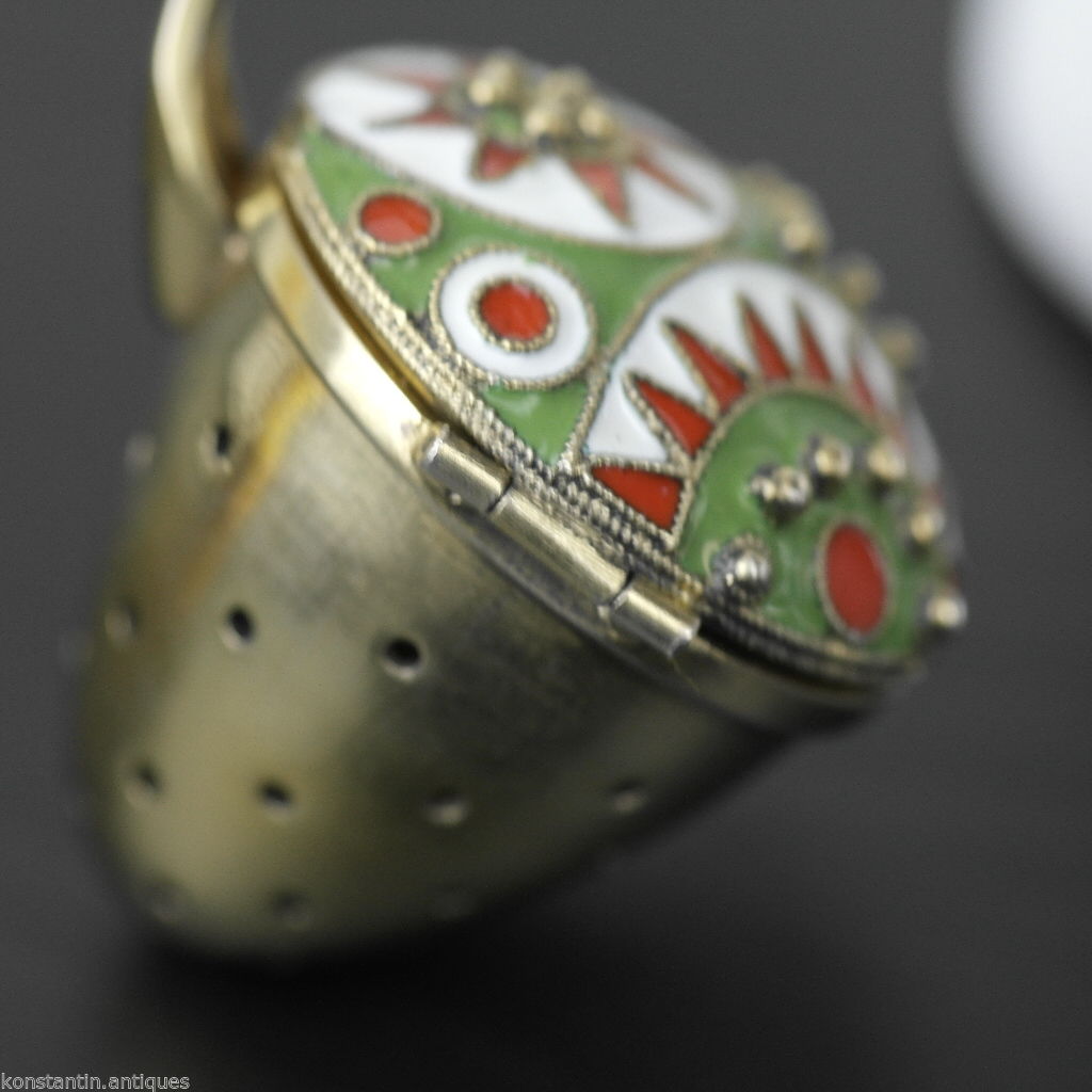 Vintage 916 sterling silver enamel gilt tea strainer Russian Leningrad