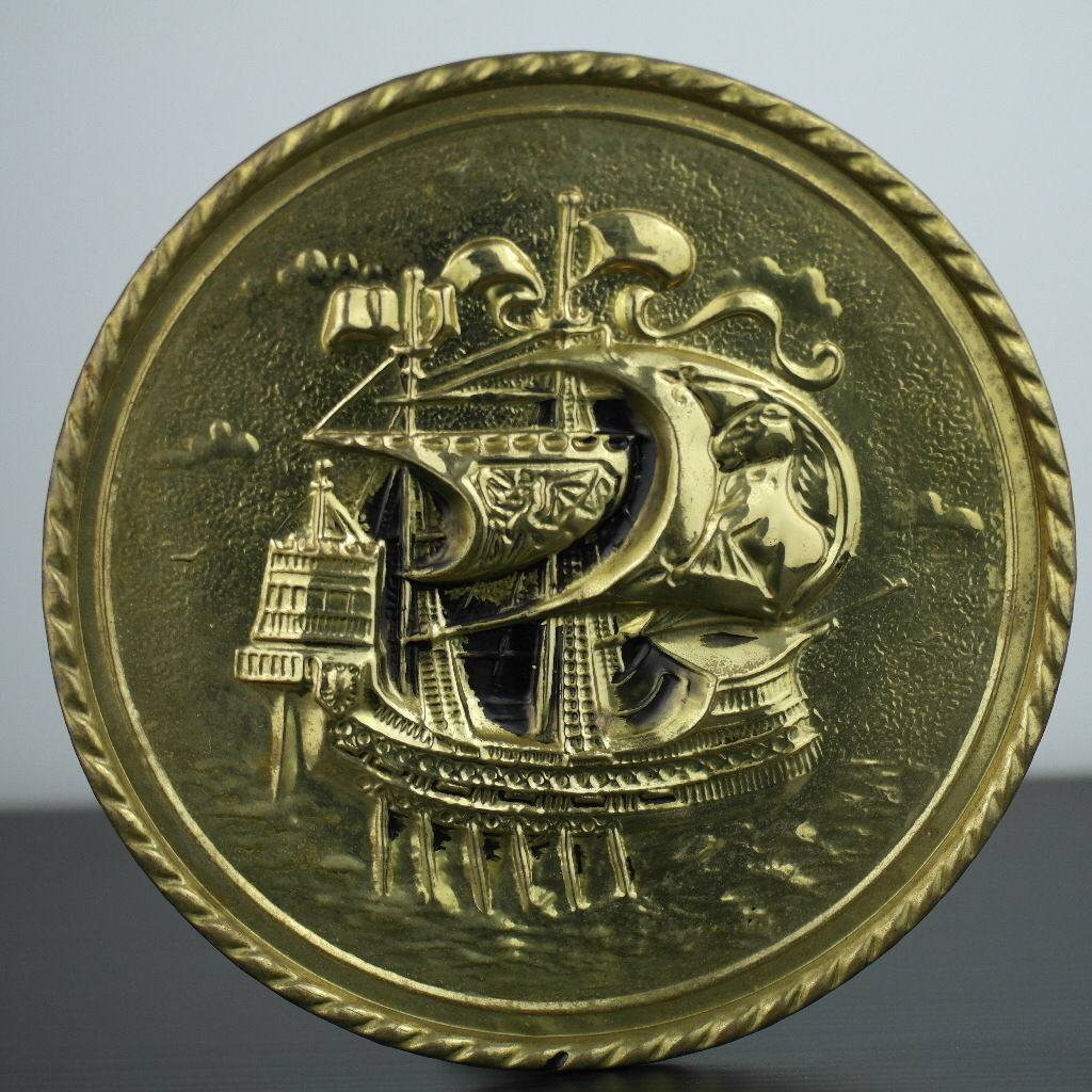 Vintage wall decor brass plate Antique boat portrait heat resistant England