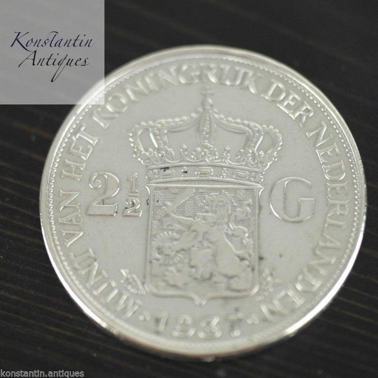 Vintage 1937 silver coin 2.5 Gulden Queen Wilhelmina of the Netherlands 20thC