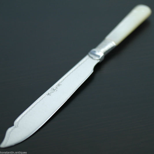 Antiguo plato de plata cuchillo de cuento nácar mango de nácar Imperio Británico