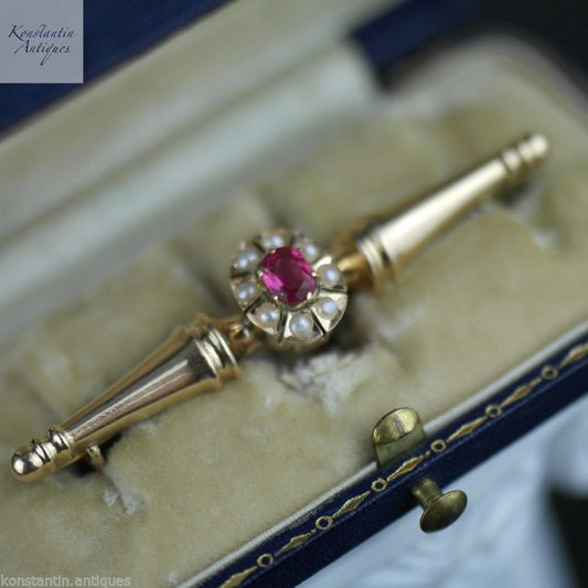 Antiguo broche de oro imperial ruso 56 de 1909 con rubí y perlas - Au Diamant du cap