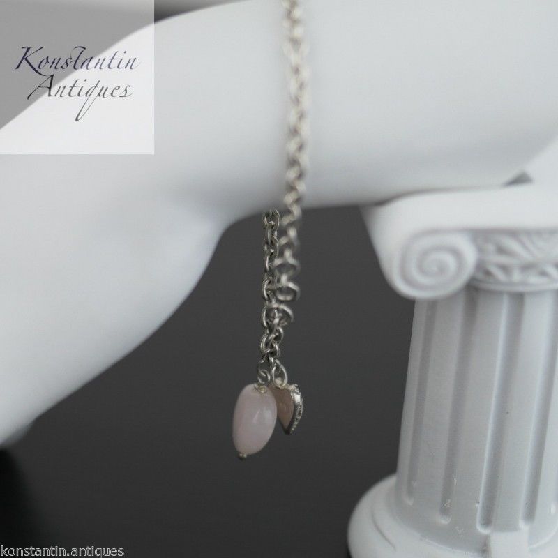 Cadena de pulsera de plata de ley con colgante de corazón de cuarzo rosa