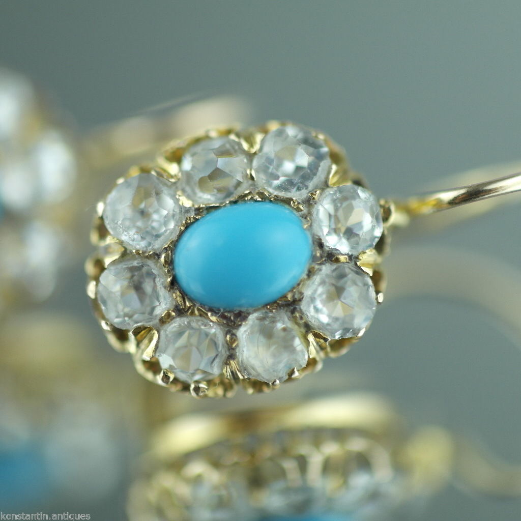 Antique 14ct / 56 gold earrings Turquoise and Rhinestones cluster from Russian Empire