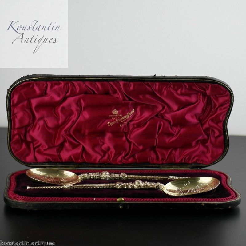Antique 1905 gold plated sterling silver anointing spoons boxed London James Wakely & Frank Clarke Wheeler