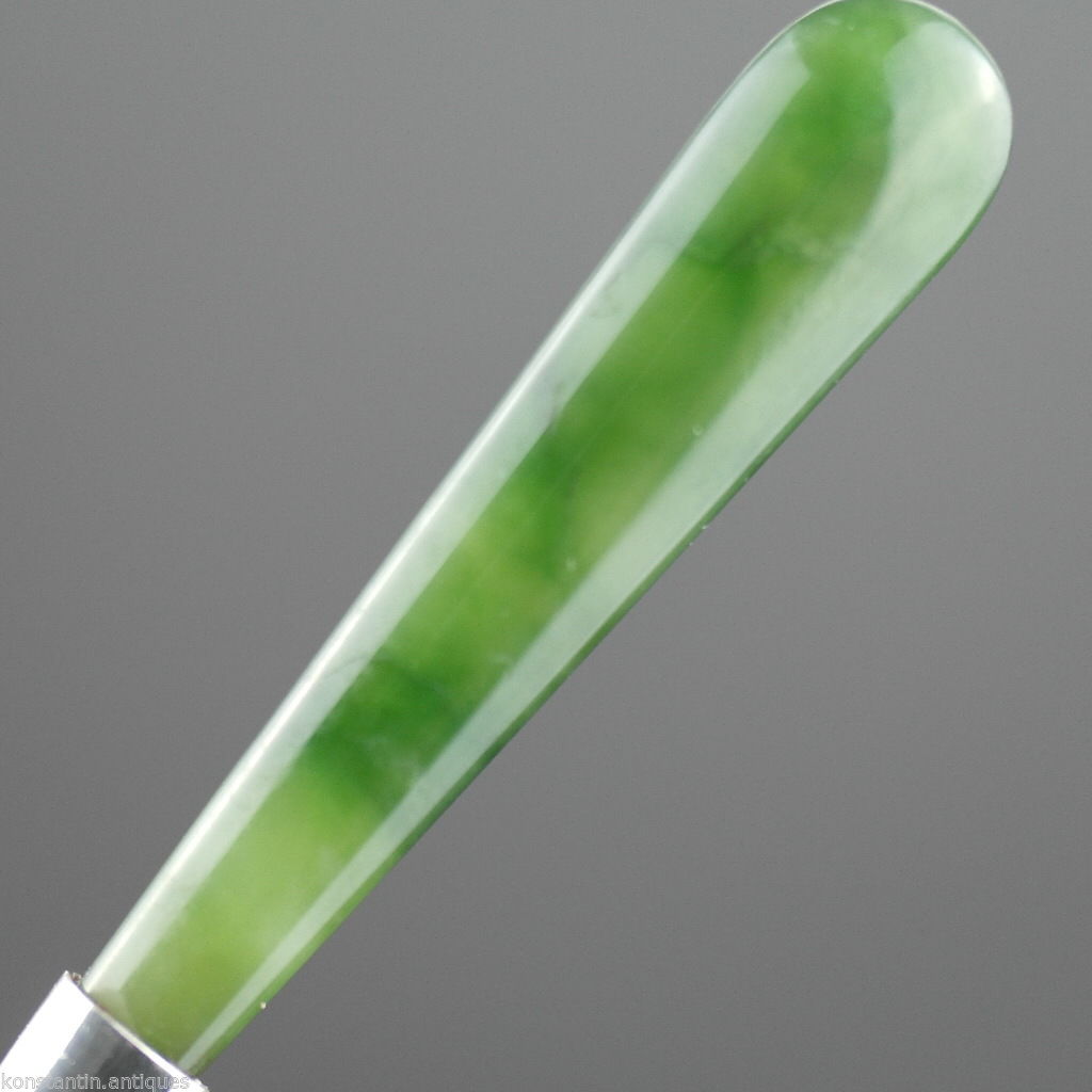Antique 1900 sterling silver knife green Jade Nephrite handle