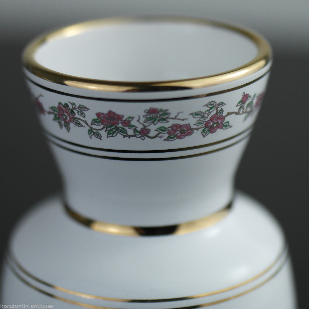 Vintage griego 24ct oro plateado jarra de jarrón de cerámica blanca Faisán en arbustos en flor