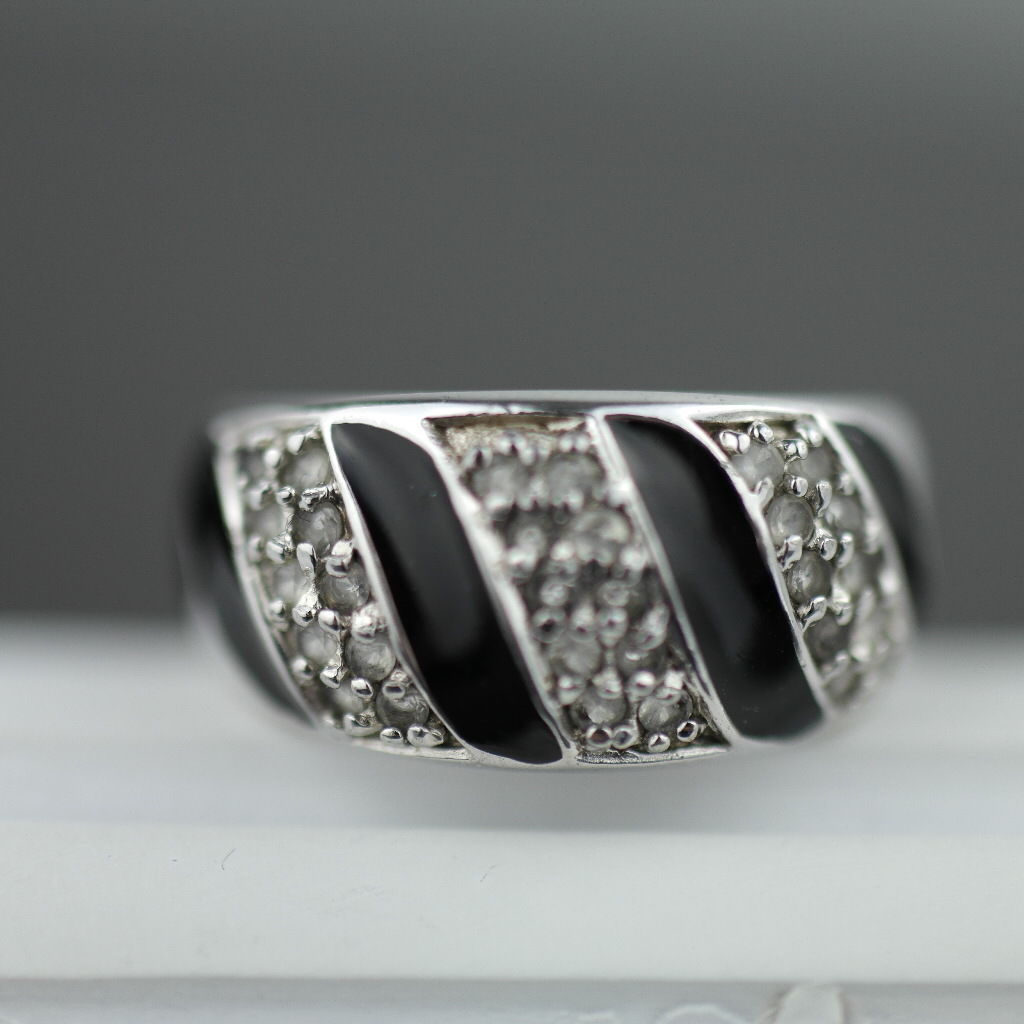 Modern sterling silver ring black enamel with CZ stones Scandinavian style 925