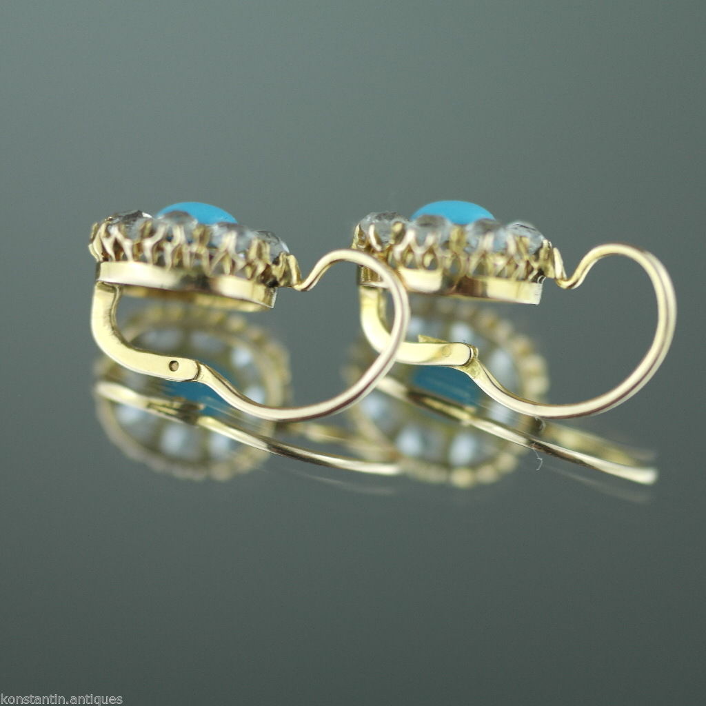 Antique 14ct / 56 gold earrings Turquoise and Rhinestones cluster from Russian Empire
