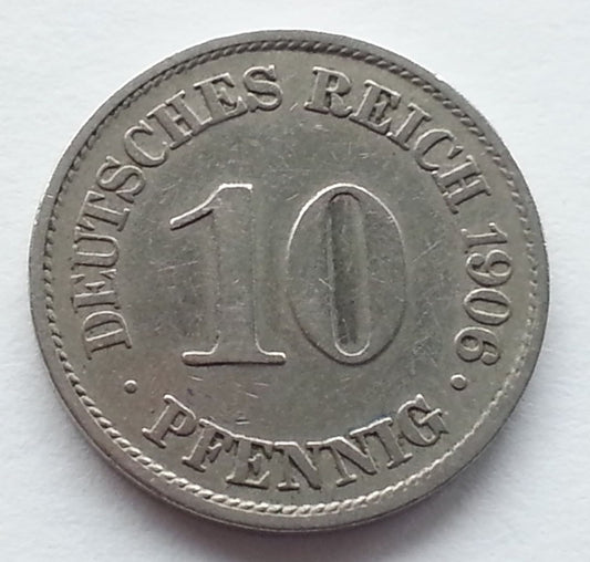 Moneda antigua de 1906 10 fenning Kaizer Deutsches reich Alemania Segundo Reich