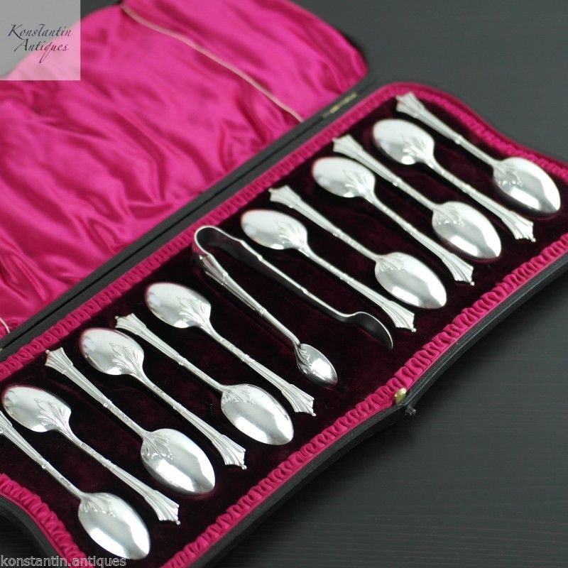 Antique 1905 sterling silver tea spoons set 12+ tongs Sheffield Atkin Brothers
