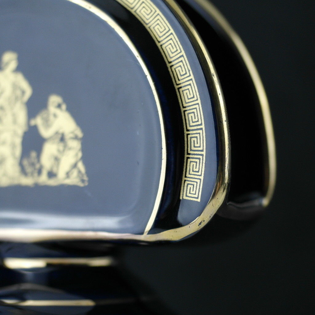 Vintage handmade Greek Royal Blue 24ct Gold plated pottery napkin holder made by Fakiolas, Greece