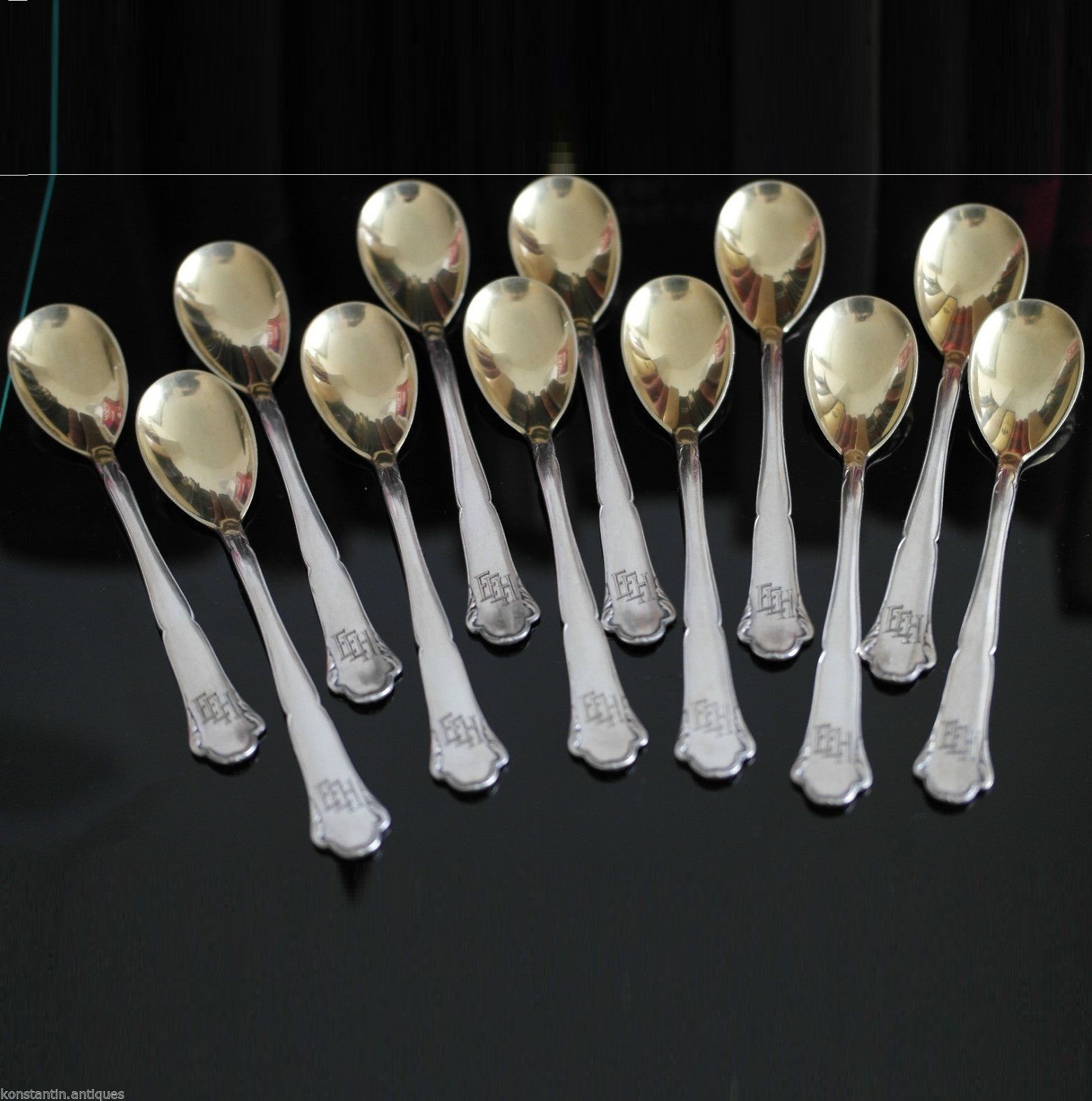 Antique gold plated solid silver set of twelve spoons WMF German