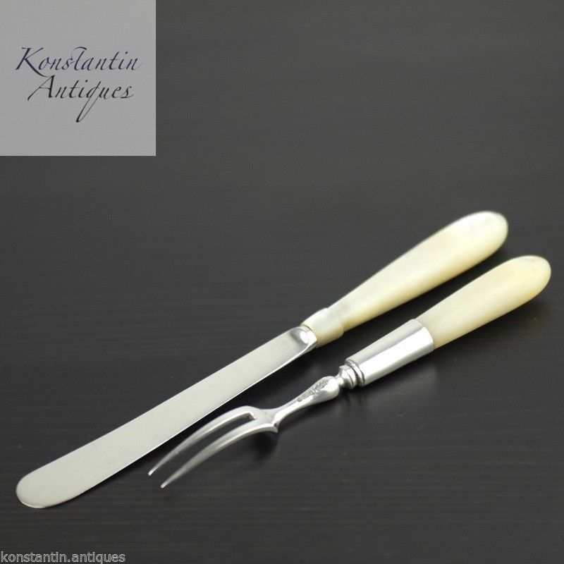 Antikes Set aus 1900er Sterlingsilber mit Perlmutt-MOP-Griffen für Gabel und Messer 