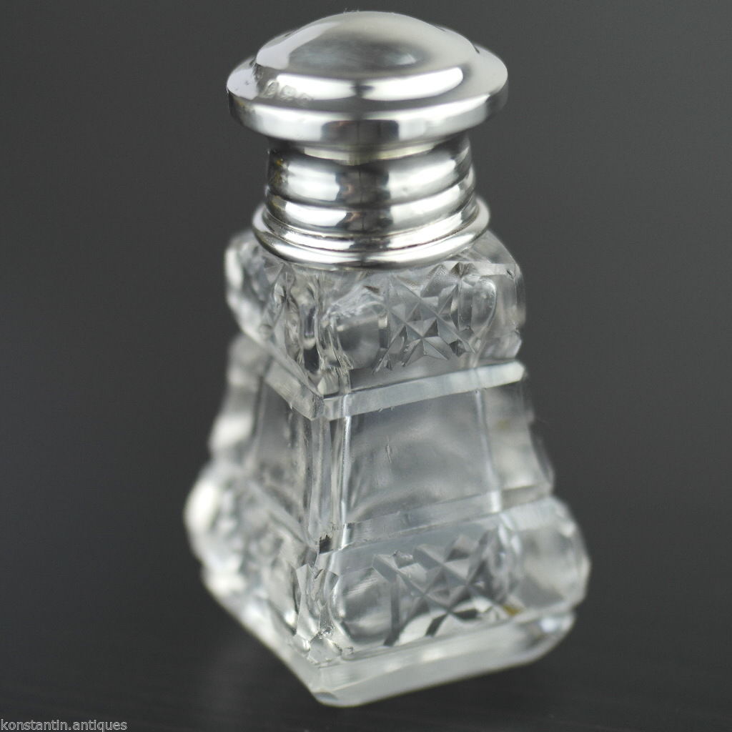 Antique 1931 cut glass perfume bottle solid silver topped