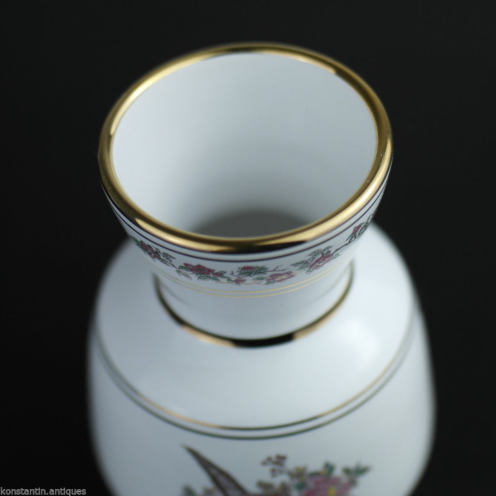 Vintage Greek 24ct Gold plated white pottery vase jug Pheasant in flowering bushes