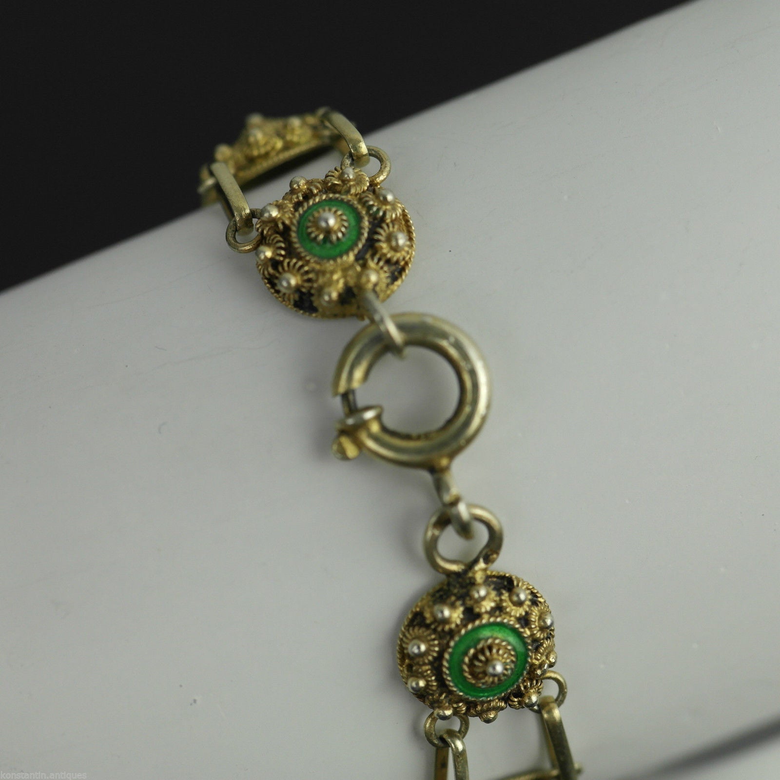 Cadena de pulsera antigua de esmalte guilloché bañada en oro de plata maciza del siglo XX Proto 833 