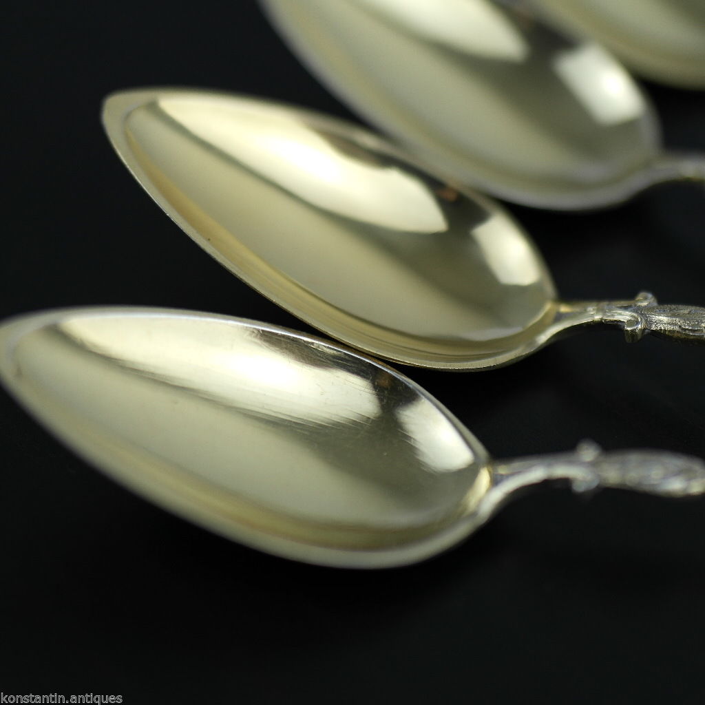 Antique Italian sterling silver spoons set 5 five gilt deer legs handles Italian
