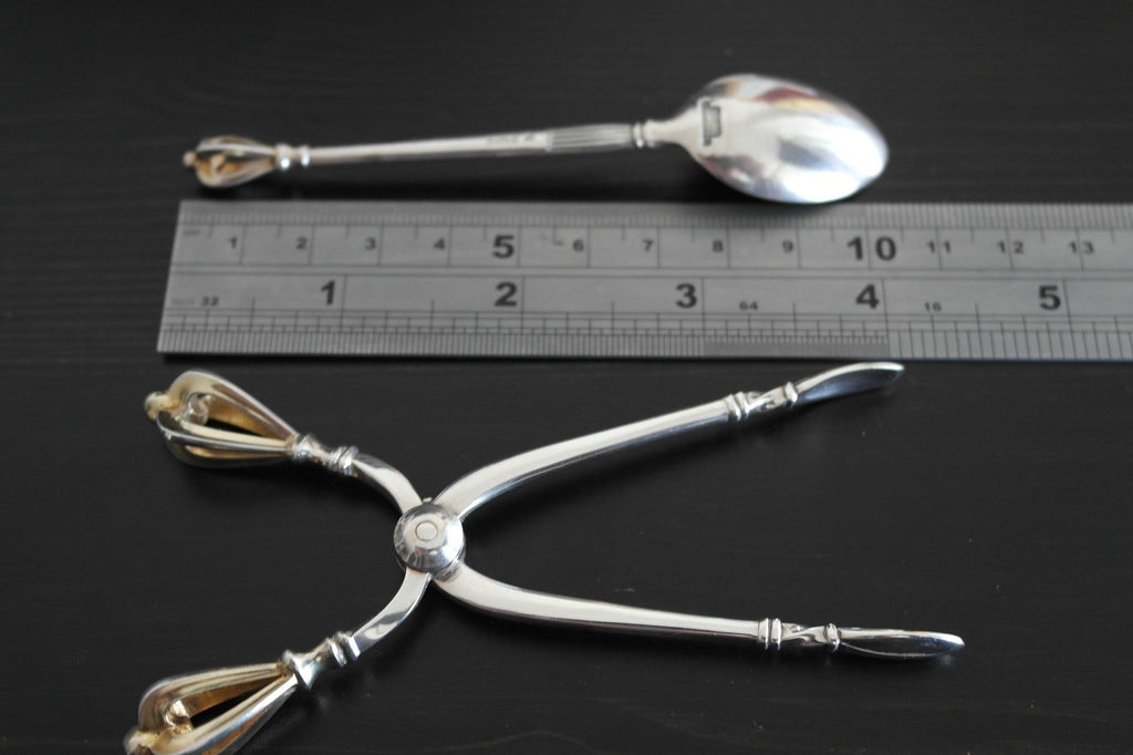 Vintage sterling silver set six spoons plus tongs Denmark W&S Sorensen in box