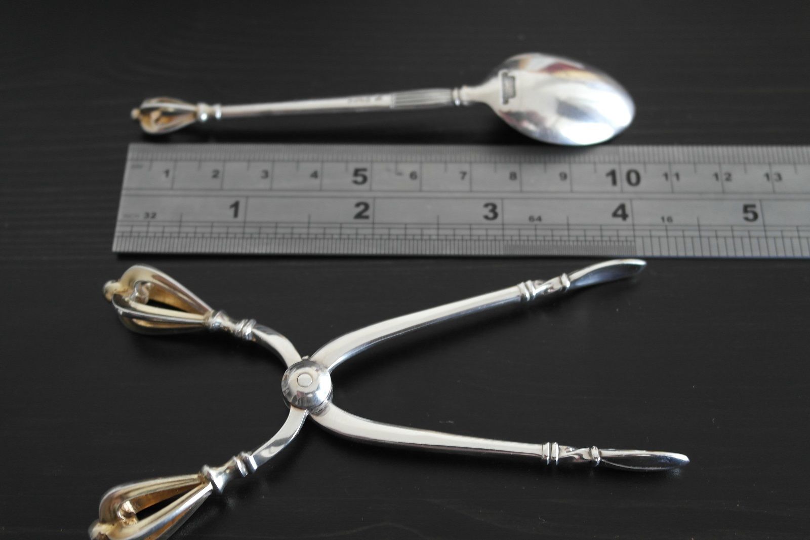 Vintage sterling silver set six spoons plus tongs Denmark W&S Sorensen in box