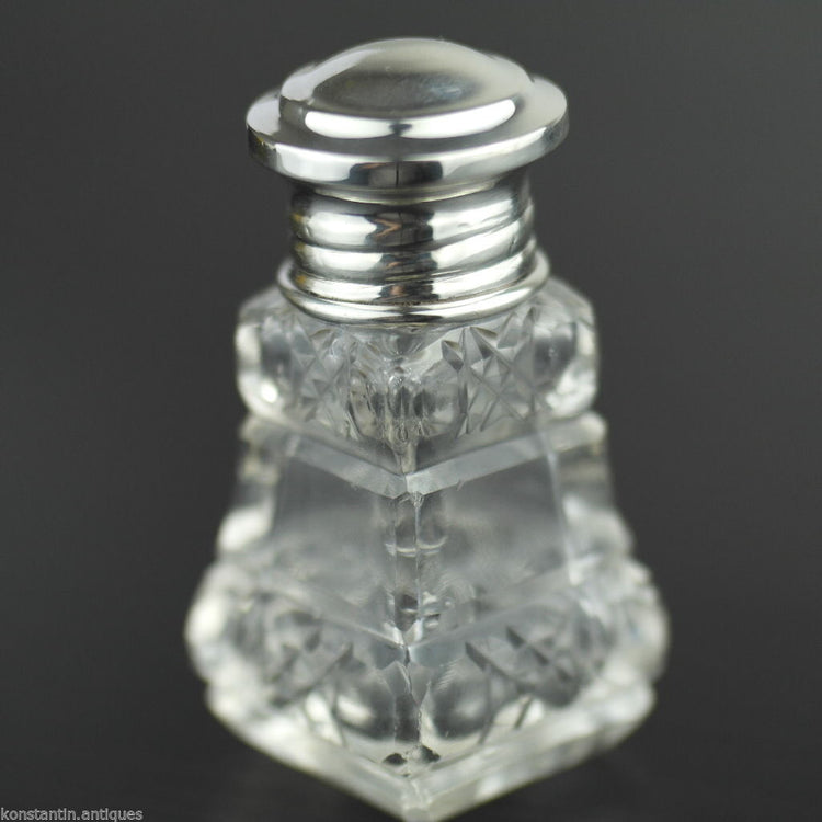 Antique 1931 cut glass perfume bottle solid silver topped