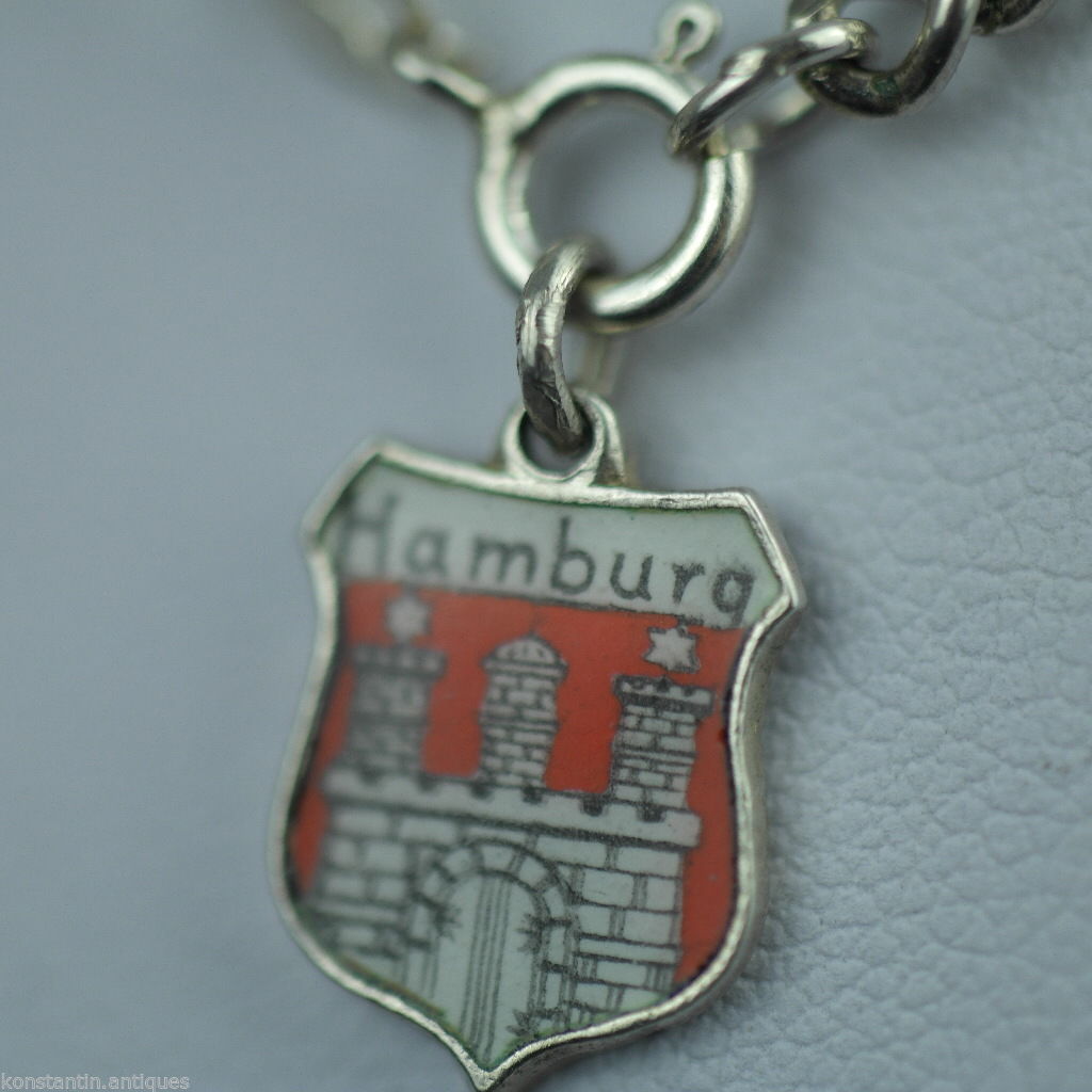 Antique sterling silver chain enamel pendant Hamburg Germany charm solid gift