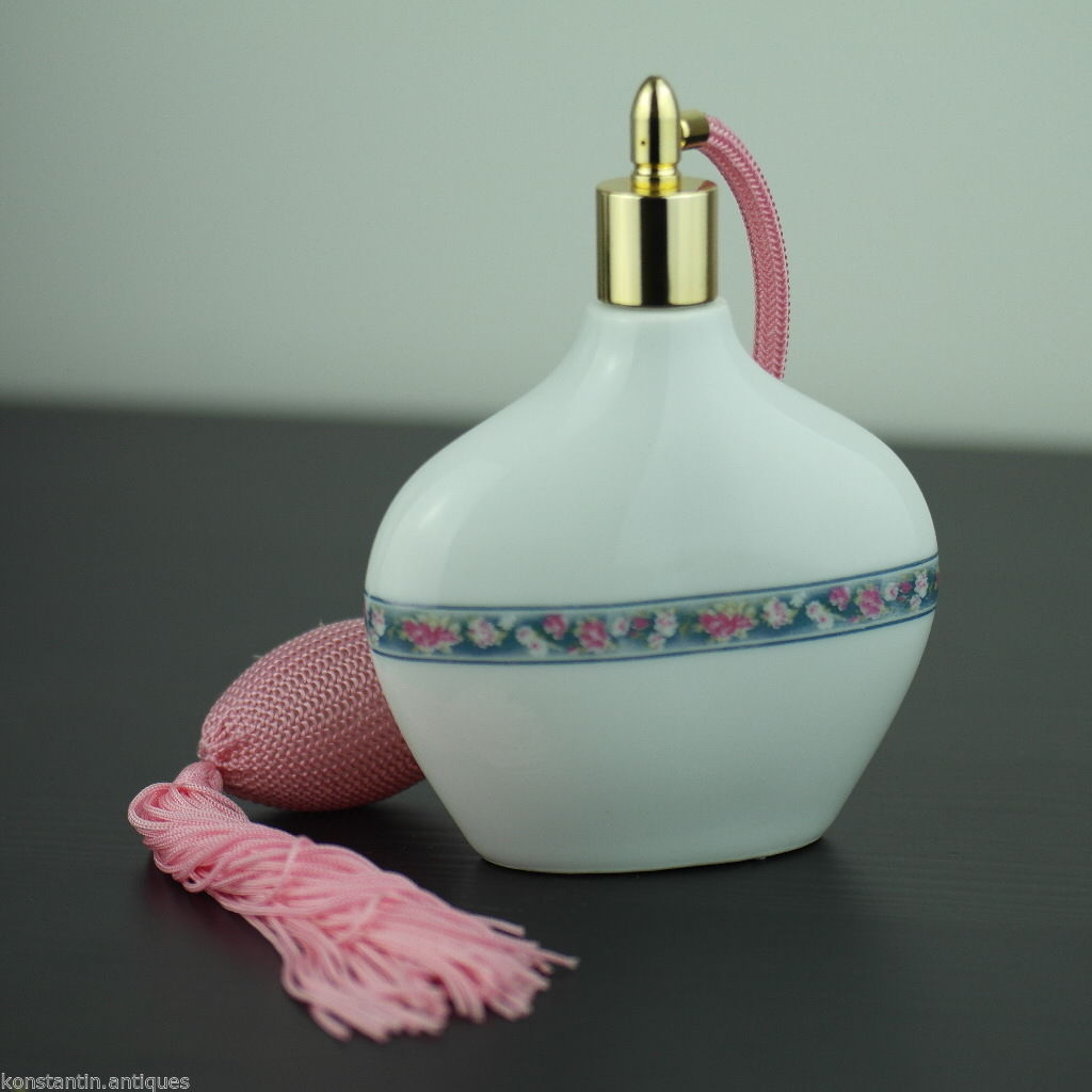 Vintage porcelain perfume Atomiser with Gold Plated Fittings Pink Cord HEAVEN