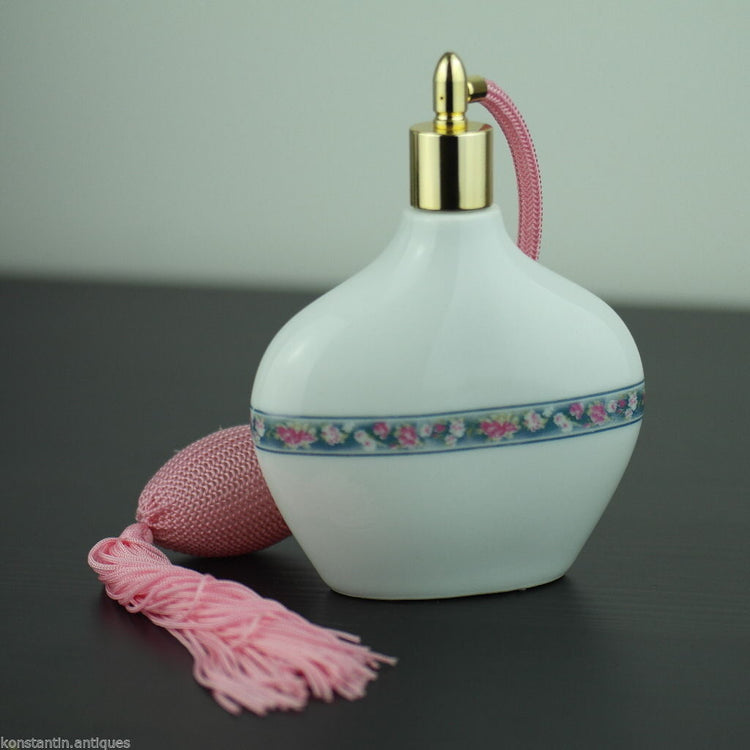 Vintage-Porzellan-Parfümzerstäuber mit vergoldeten Beschlägen, rosa Kordel HEAVEN