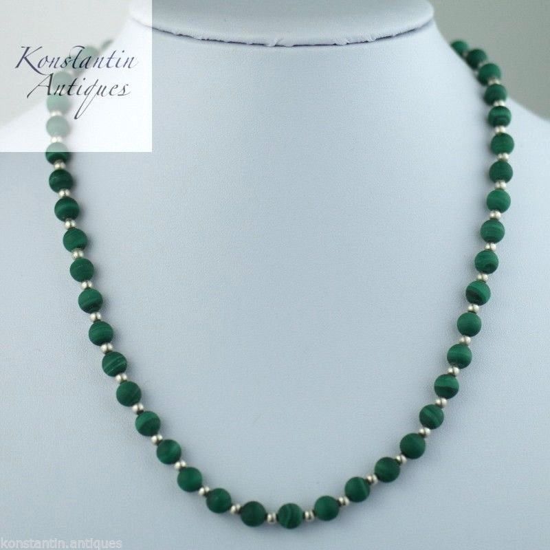 Antique malachite and sterling silver beads necklace