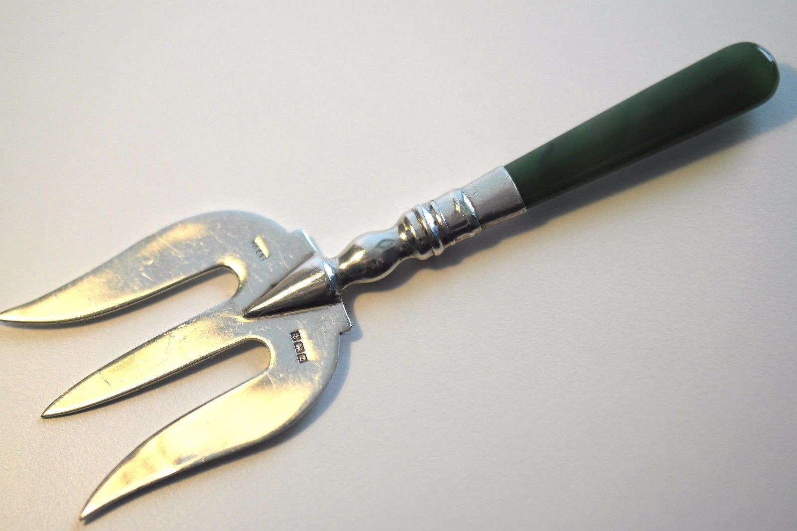 Antique 1924 solid silver nephrite stone handle fork British jade