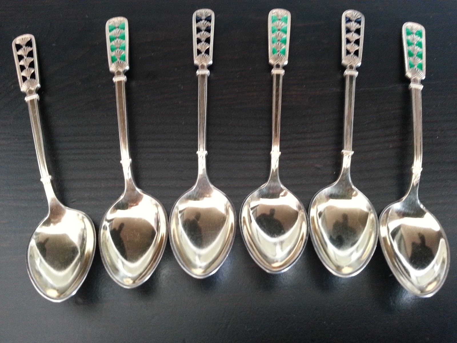 Antique set of six solid silver gilt enamel tea spoons David Andersen Norway