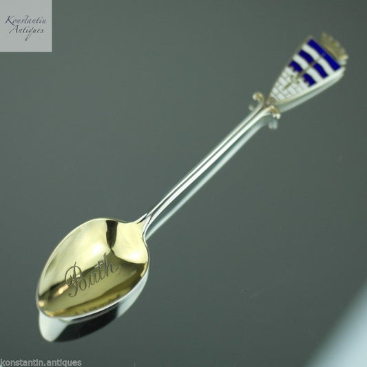 Antique 1929 gold plated solid silver enamel spoon with Bath coat of arm