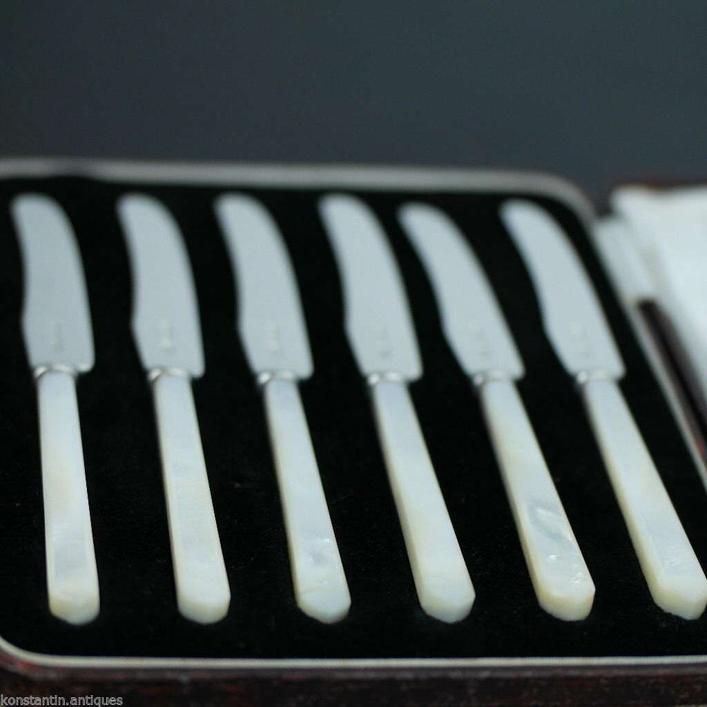 Antique 1932 Sheffield solid silver set of six knives with Nacre handles