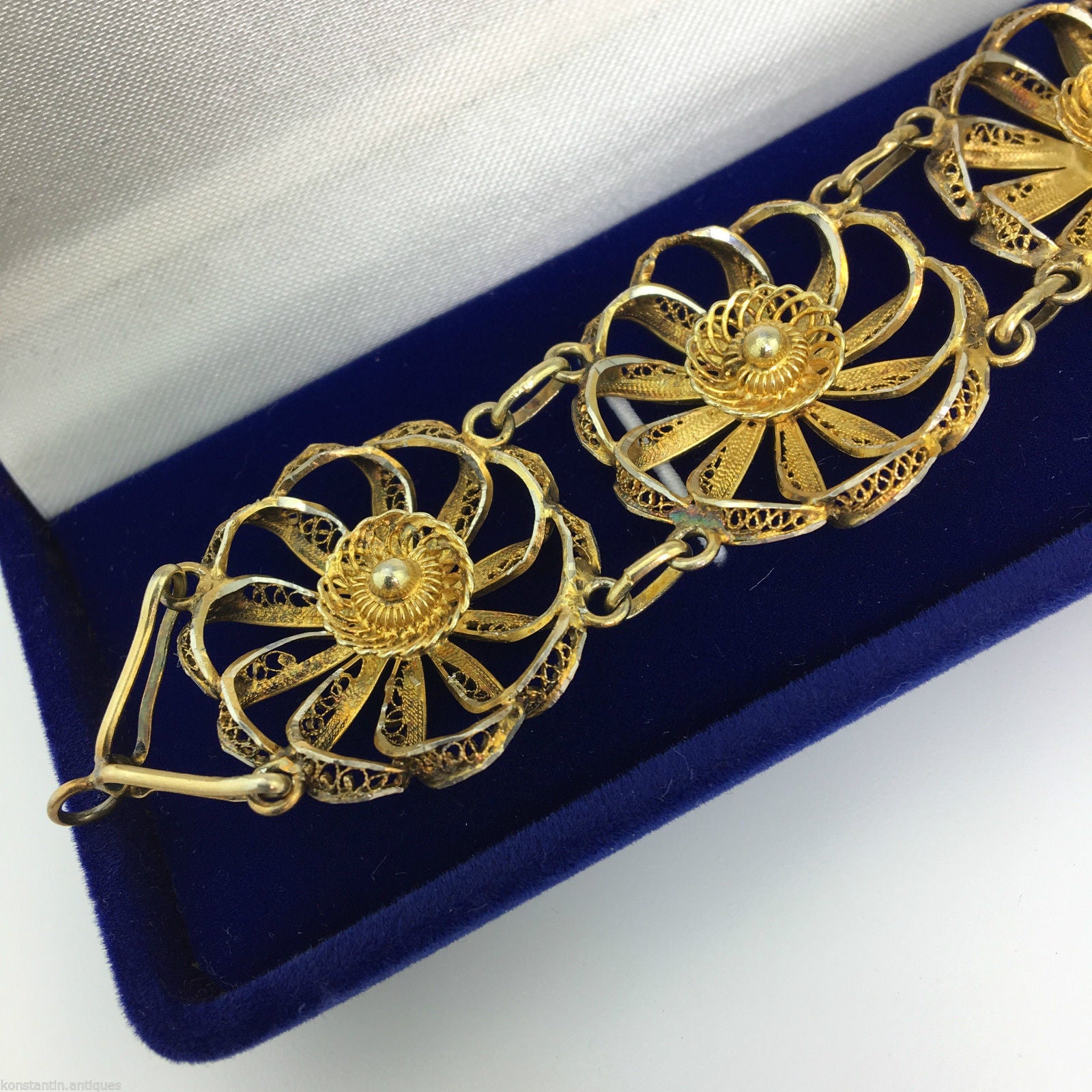 Pulsera vintage de filigrana portuguesa chapada en oro de plata maciza