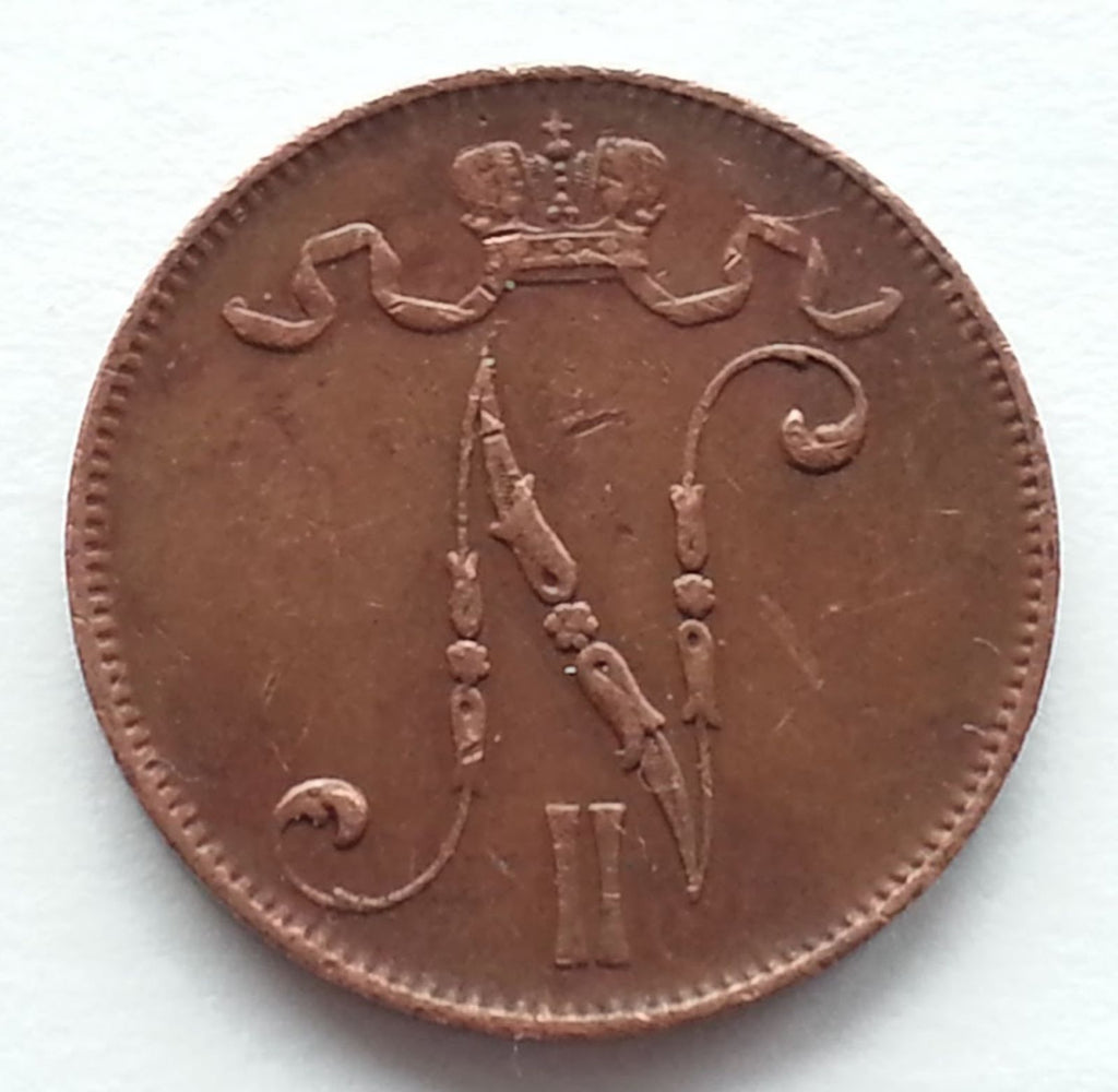 Antique 1908 coin 5 pennia Emperor Nicolas II of Russian Empire SPB Finland