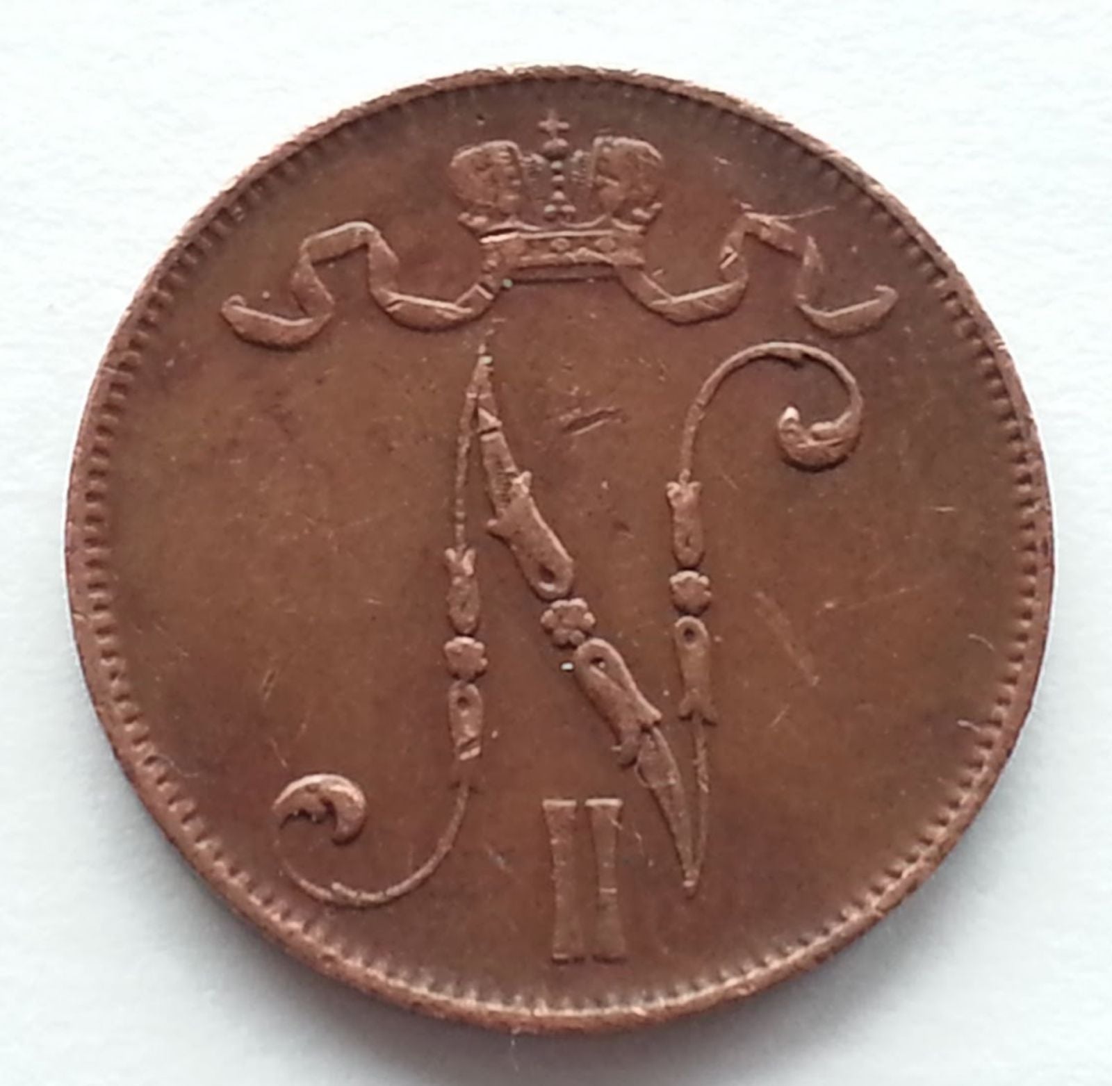 Antique 1908 coin 5 pennia Emperor Nicolas II of Russian Empire SPB Finland