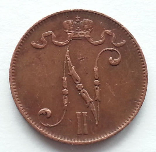 Antike 1908-Münze 5 Pennia Kaiser Nikolaus II. des Russischen Reiches SPB Finnland