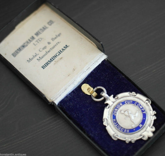 Vintage 1934 medalla de esmalte de plata de ley Redditch Junior Cup Compt en caja 
