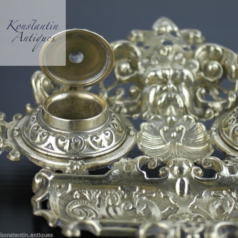 Antique solid brass double inkwell ornamented British Empire