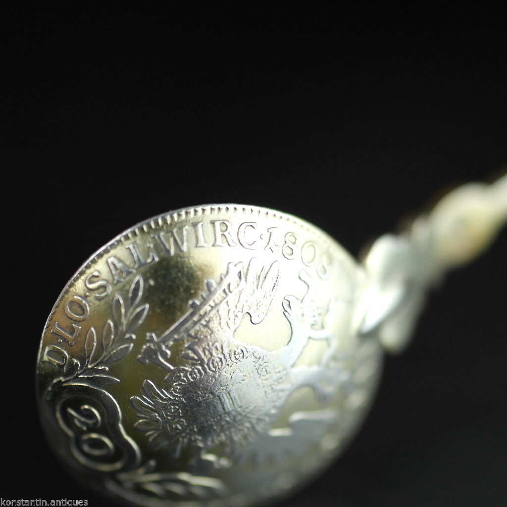 Antique 1808 gold plated solid silver 20 Kreuzer coin spoon Franciscvs Austrian Empire 800