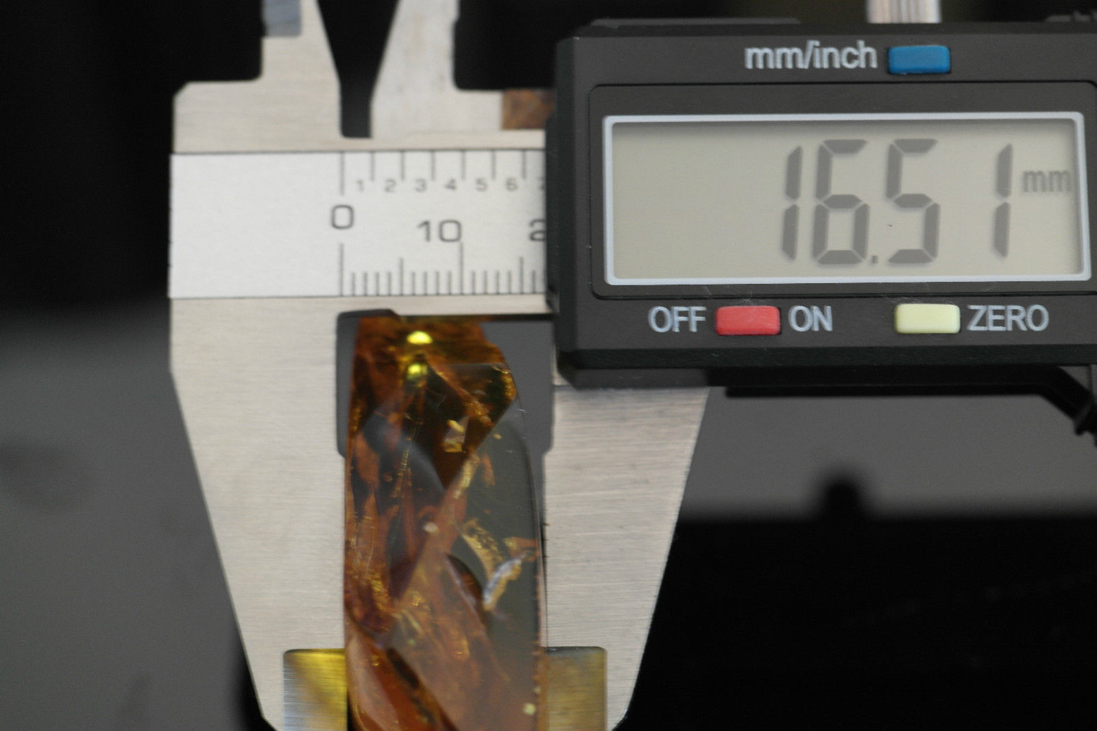 Piedra auténtica de ámbar báltico con insectos de inclusión en el marco de exposición.