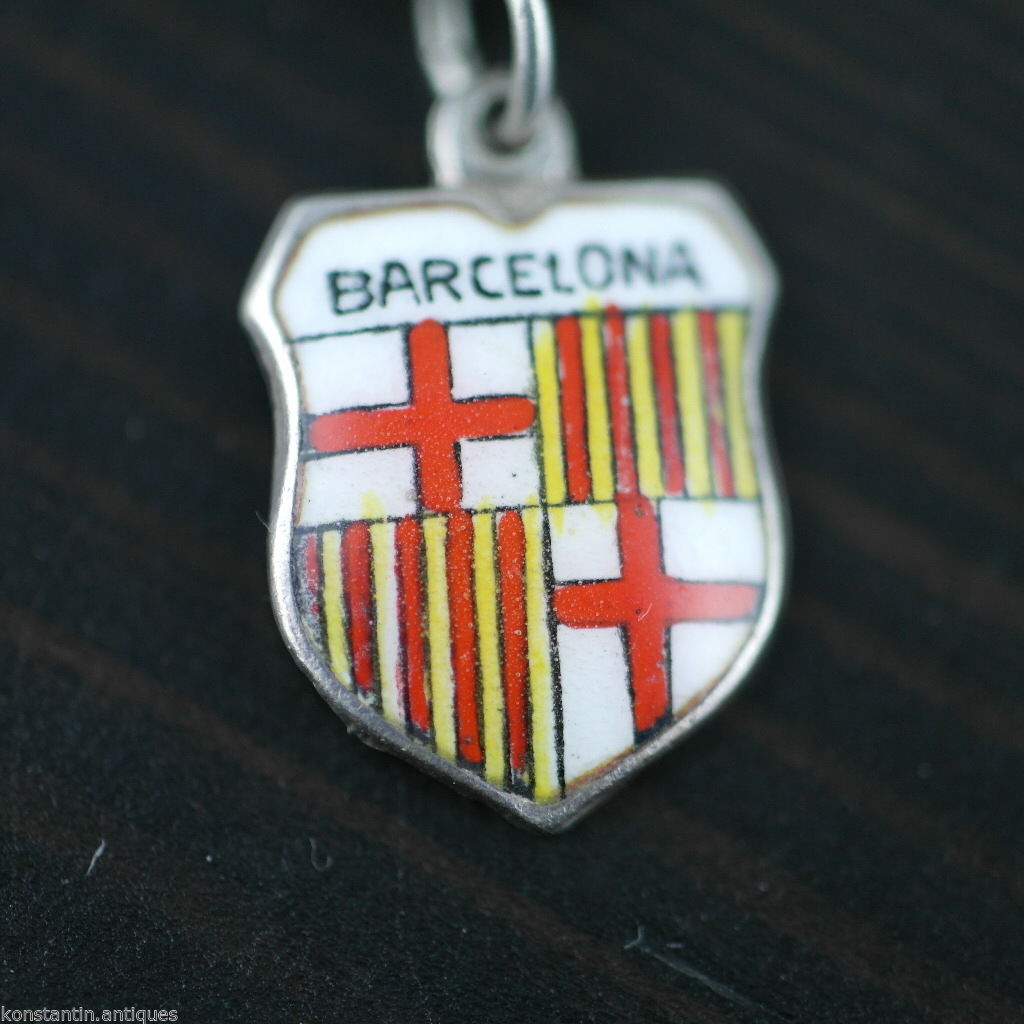 Vintage enamel solid silver charm pendant BARCELONA rare SPAIN 800 nice gift