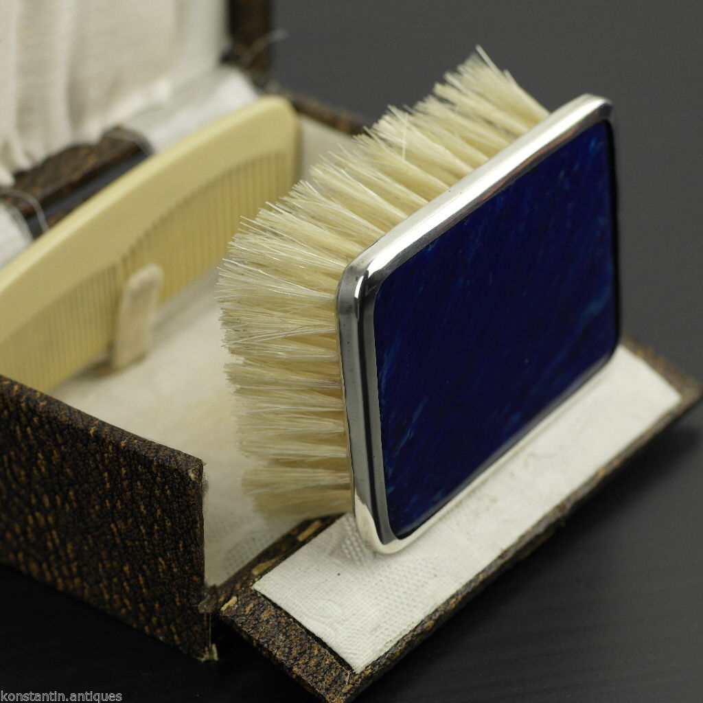 Antique 1927 sterling silver lapis lazuli brush and comb Birmingham