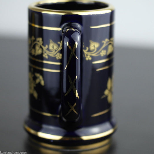 Vintage hecho a mano 24ct oro chapado cerámica tankard taza griego azul regalo sólido
