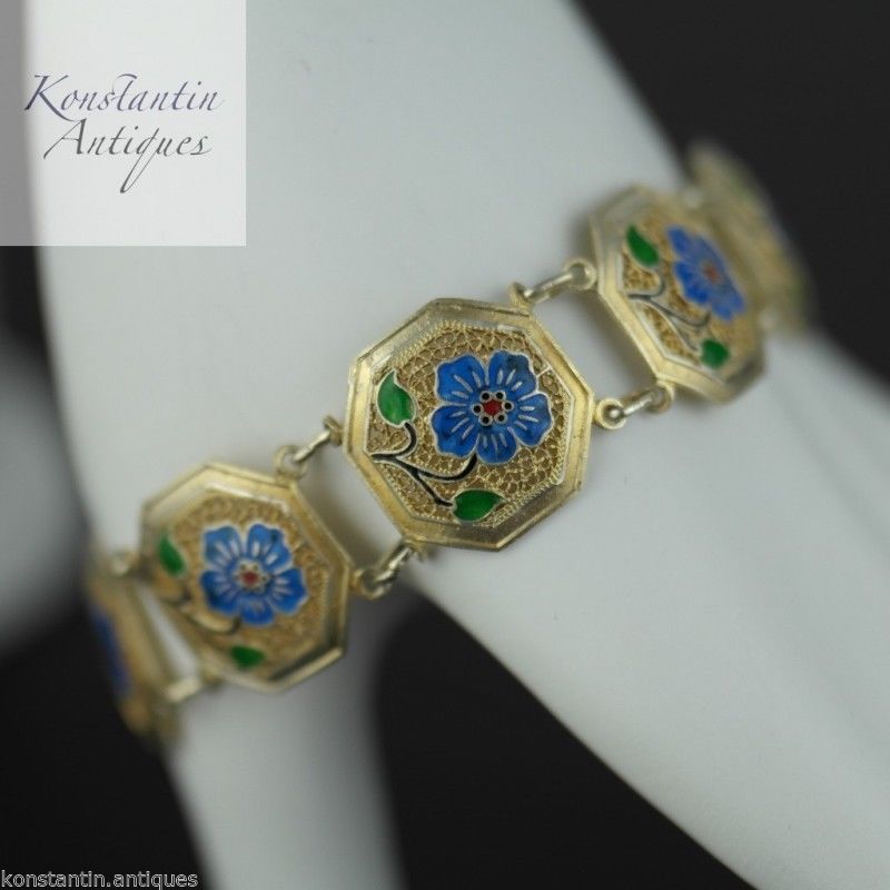 Pulsera vintage de plata maciza chapada en oro con flores esmaltadas de Portugal 