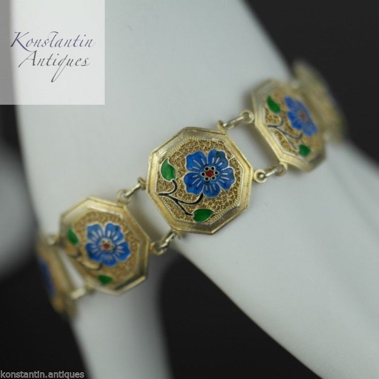 Vintage Portugal Enamel flowers gold plated solid silver bracelet