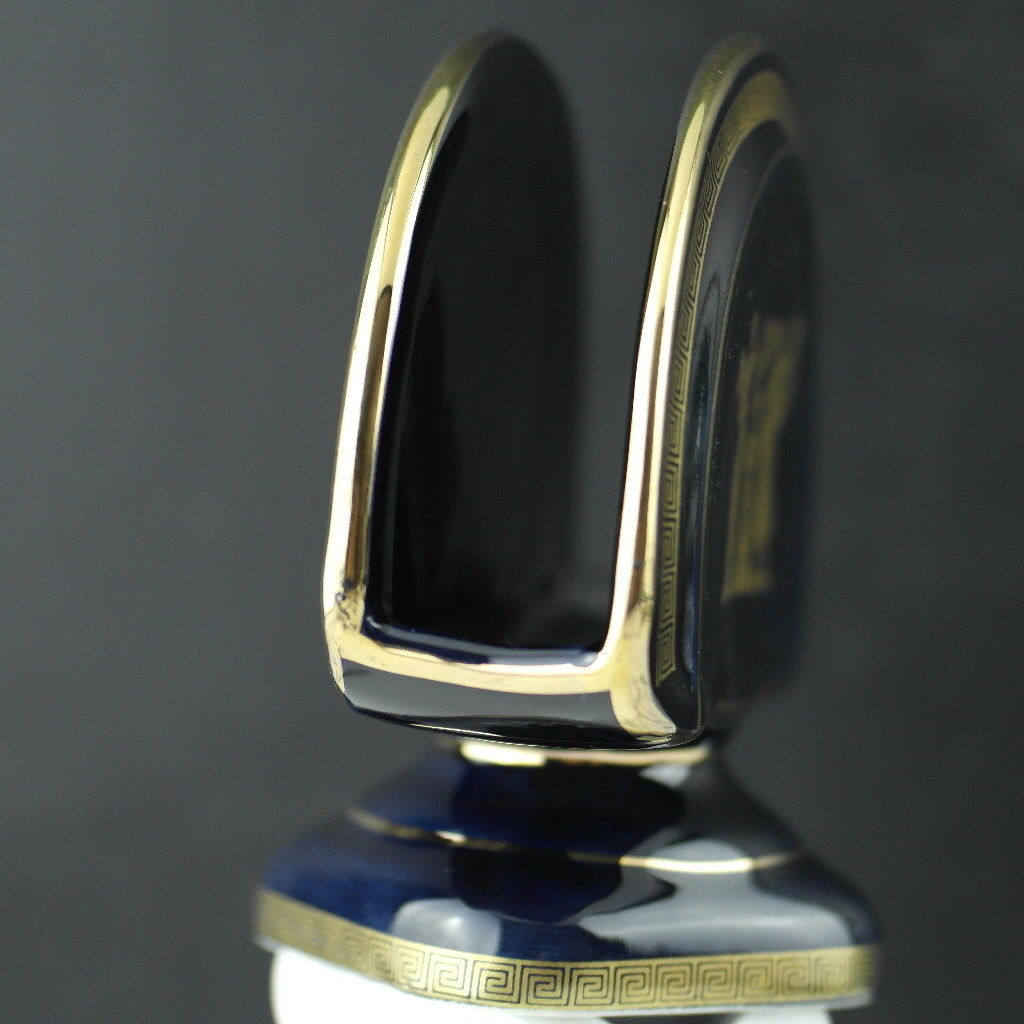 Vintage handmade Greek Royal Blue 24ct Gold plated pottery napkin holder made by Fakiolas, Greece