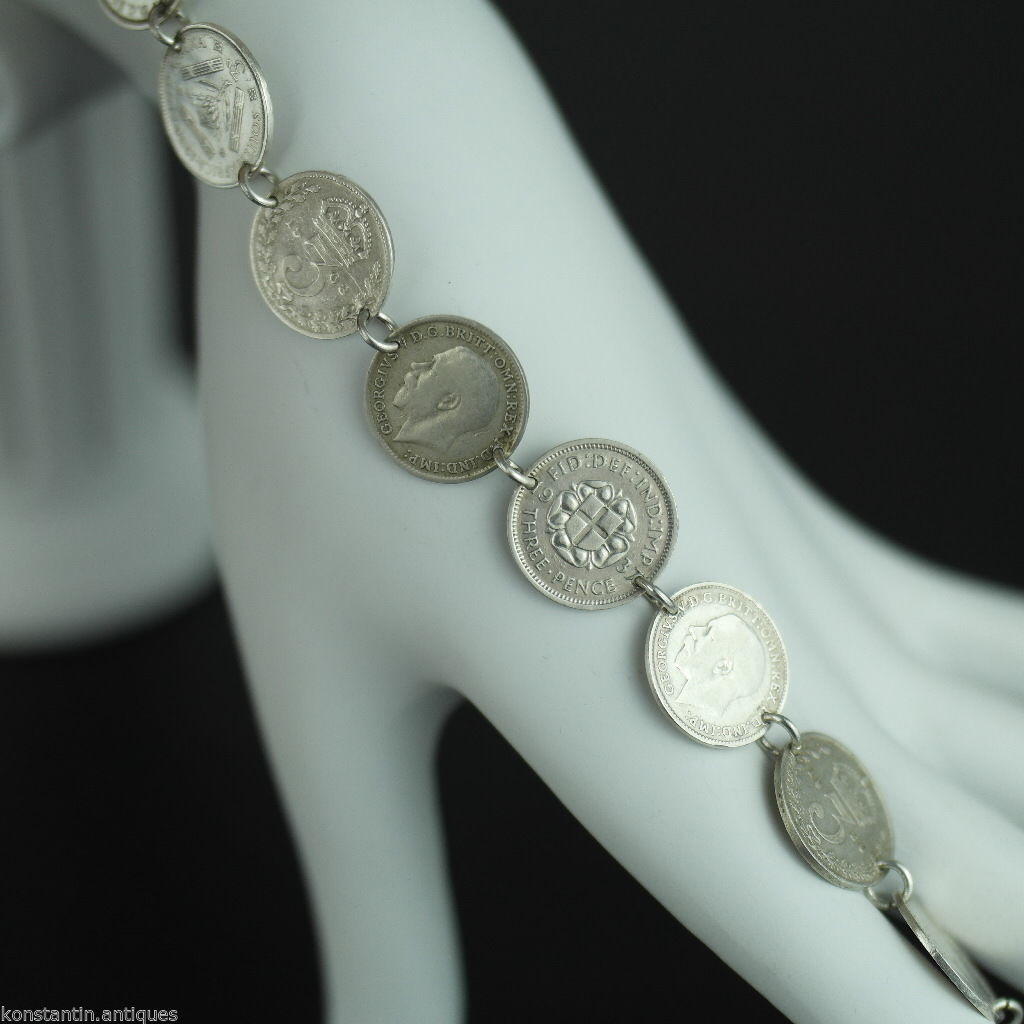 Antigua cadena de pulsera de monedas de plata de 1908 - 1937 Rey Jorge V del Imperio Británico 