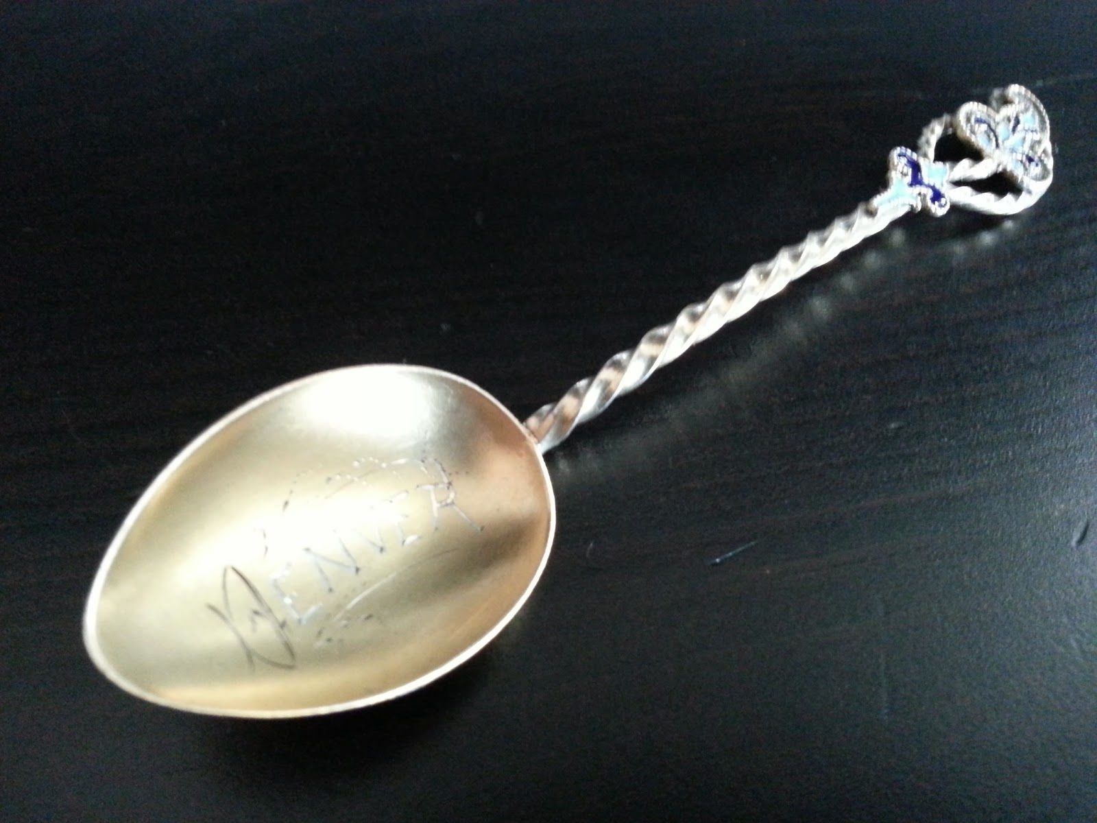 Antique Sterling silver gold plated enamel twist spoon Denver USA